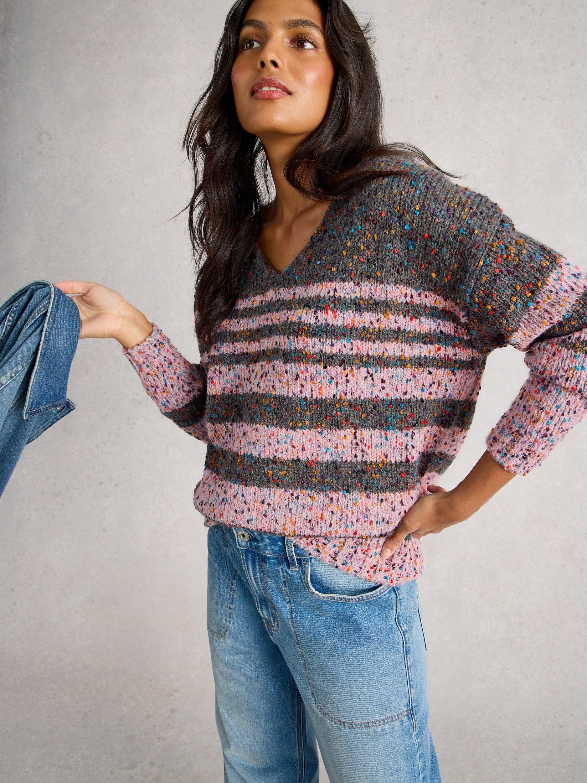 Product image 4 of 6, which shows White Stuff Textured Stripe V-Neck Jumper, Grey/Multi, 18