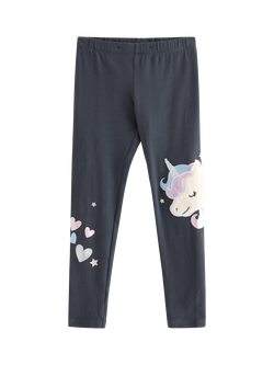 Lindex Kids' Cotton Blend Unicorn Motif Leggings, Dark Grey, Dark Grey