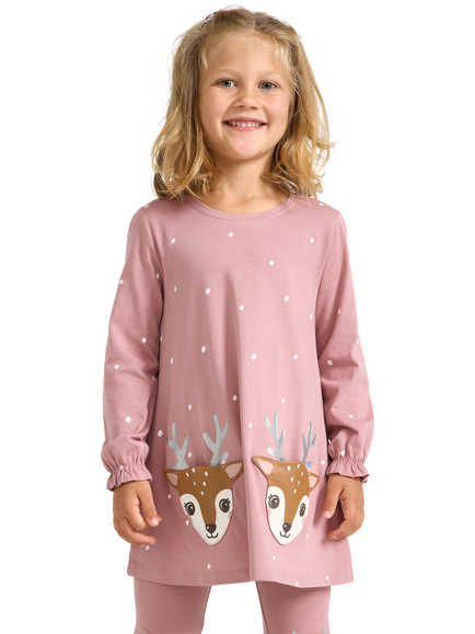 Lindex Kids' Cotton Long Sleeved Reindeer Applique Tunic, Light Dusty Pink, Light Dusty Pink