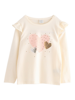 Lindex Kids' Cotton Blend Frill Sleeve Heart Print T-Shirt, White, White