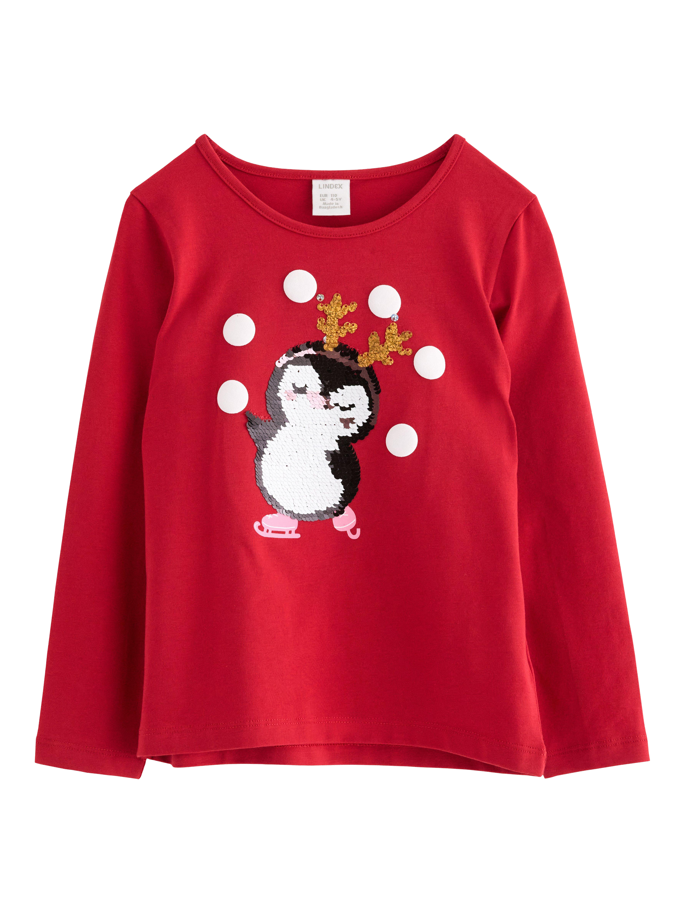 Product image 1 of 2, which shows Lindex Kids' Sequin Penguin Jersey Top, Dark Red, 3-4 years
