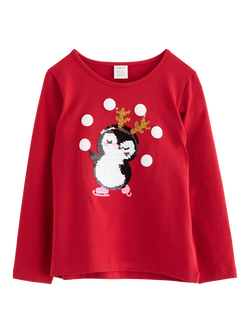 Lindex Kids' Sequin Penguin Jersey Top, Dark Red, Dark Red
