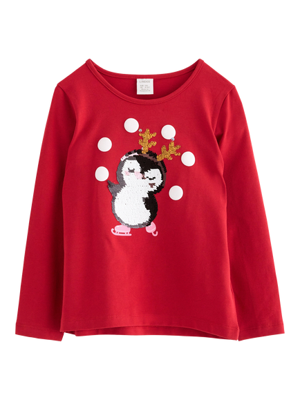 Lindex Kids' Sequin Penguin Jersey Top, Dark Red, Dark Red