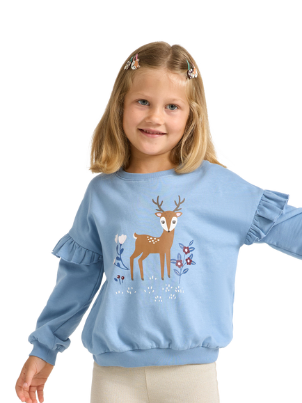 Lindex Kids' Cotton Frill SLeeve Reindeer Sweatshirt, Light Dusty Blue, Light Dusty Blue