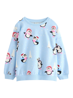 Lindex Kids' Cotton Blend Penguin Sweatshirt, Light Blue, Light Blue