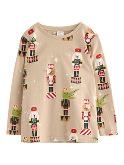 Lindex Kids' Cotton Long Sleeved Nutcracker Print T-Shirt, Beige, Beige