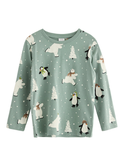 Lindex Baby Penguin and Polar Bear Print Jersey Top, Light Dusty Green, Light Dusty Green