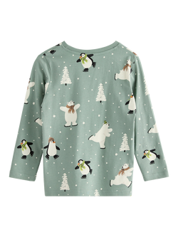 Lindex Baby Penguin and Polar Bear Print Jersey Top, Light Dusty Green - view 2, Light Dusty Green