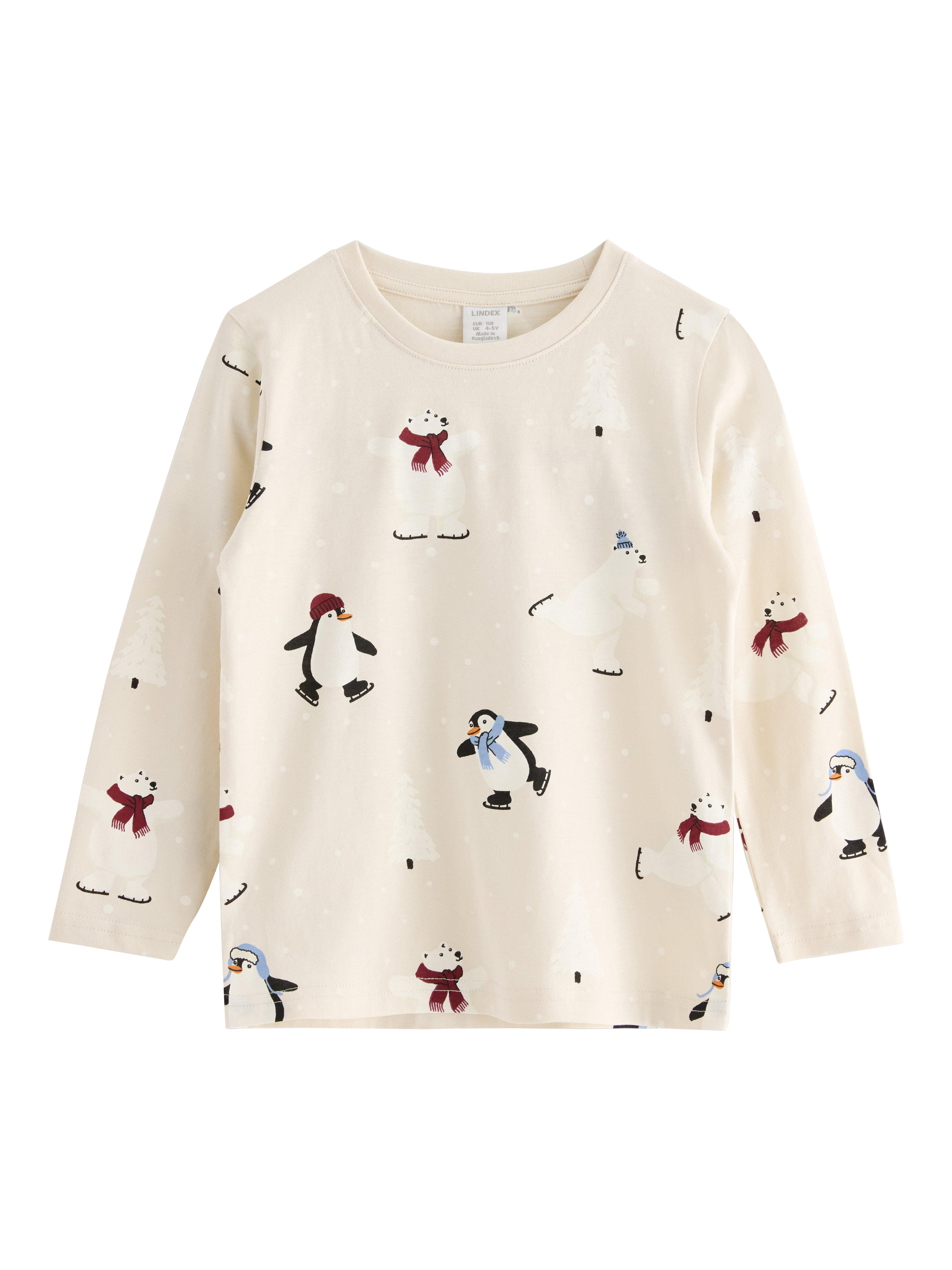 Product image 1 of 3, which shows Lindex Kids' Skating Penguins Jersey Top, Light Beige, 6-7 years