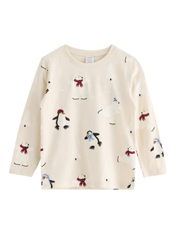 Lindex Kids' Skating Penguins Jersey Top, Light Beige, Light Beige