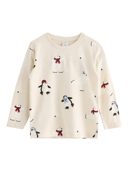 Lindex Kids' Skating Penguins Jersey Top, Light Beige, Light Beige
