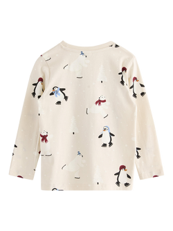 Lindex Kids' Skating Penguins Jersey Top, Light Beige - view 2, Light Beige