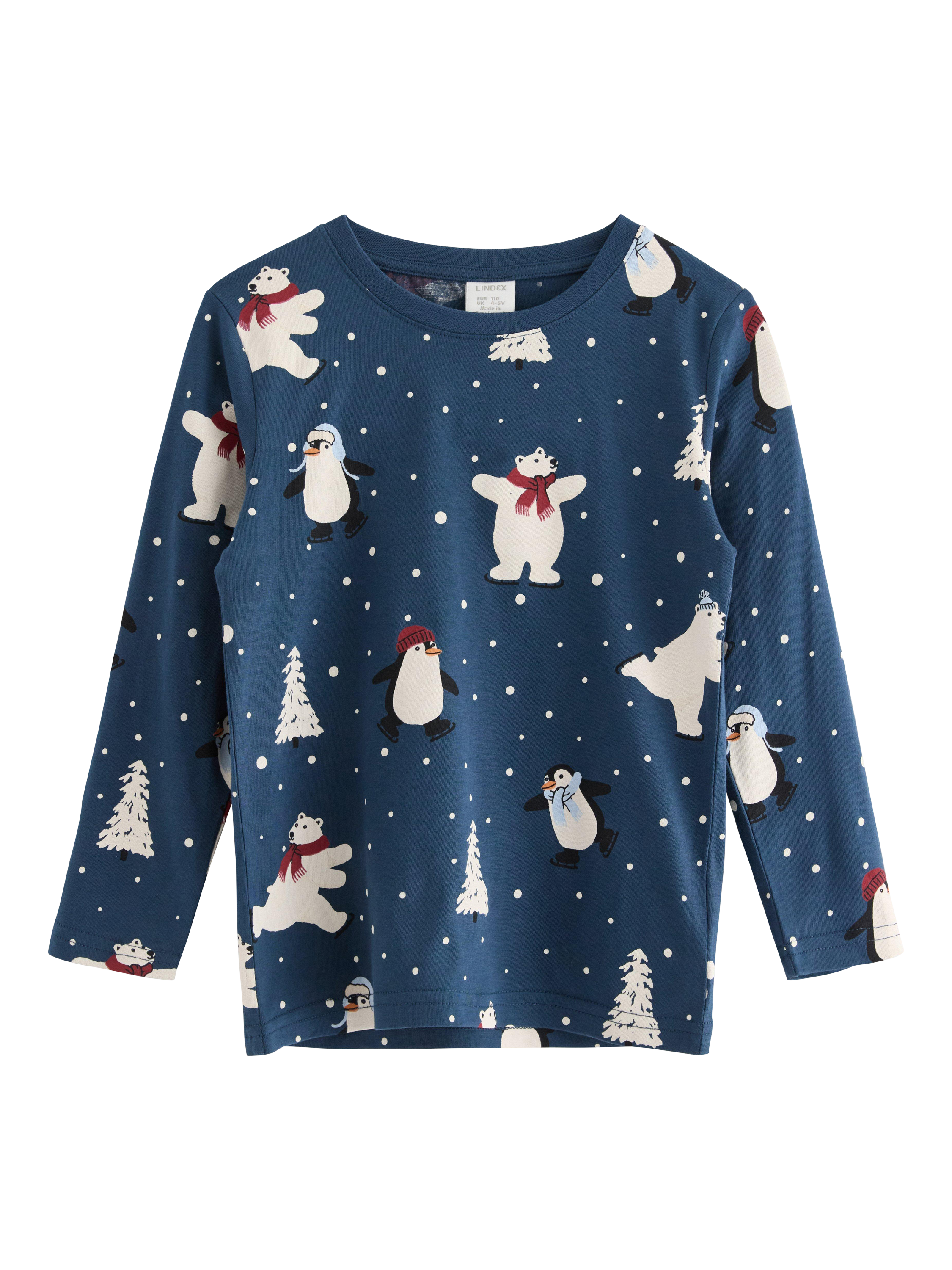 Product image 1 of 3, which shows Lindex Kids' Snowman Jersey Top, Dark Blue, 18-24 months