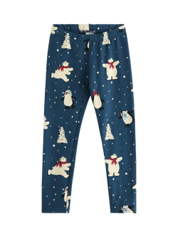 Lindex Kids' Cotton Blend Slim Festive Print Leggings, Dark Blue, Dark Blue