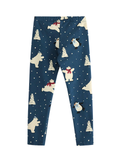 Lindex Kids' Cotton Blend Slim Festive Print Leggings, Dark Blue - view 2, Dark Blue
