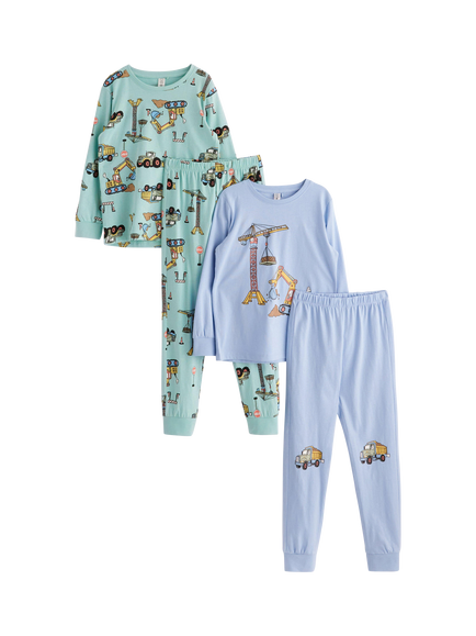 Lindex Kids' Cotton Construction Pyjama Set, Pack of 2, Light Blue, Light Blue