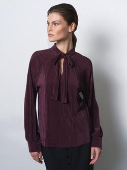 French Connection Rylah Plisse Long Sleeve Tie Neck Blouse, Mulberry