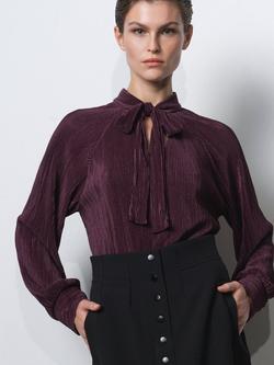 French Connection Rylah Plisse Long Sleeve Tie Neck Blouse - view 2, Mulberry