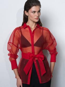 French Connection Mai Organza Tie Waist Shirt, Lipstick Red, Lipstick Red