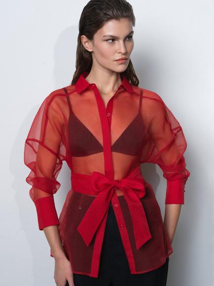 French Connection Mai Organza Tie Waist Shirt, Lipstick Red, Lipstick Red