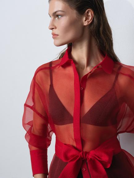 French Connection Mai Organza Tie Waist Shirt, Lipstick Red - view 2, Lipstick Red