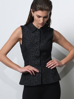 French Connection Yelena Jaquard Diamante Peplum Waistcoat, Black, Black