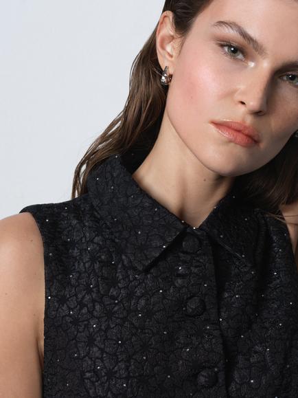 French Connection Yelena Jaquard Diamante Peplum Waistcoat, Black - view 2, Black