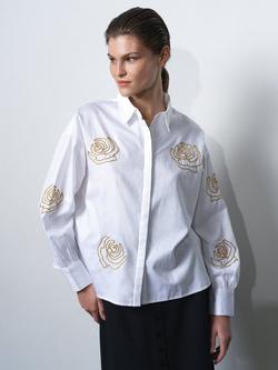 French Connection Alexis Embroidered Floral Shirt, White/Gold, White/Gold