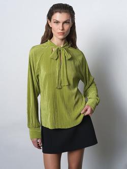 French Connection Rylah Plisse Long Sleeve Tie Neck Blouse, Winter Olive Green