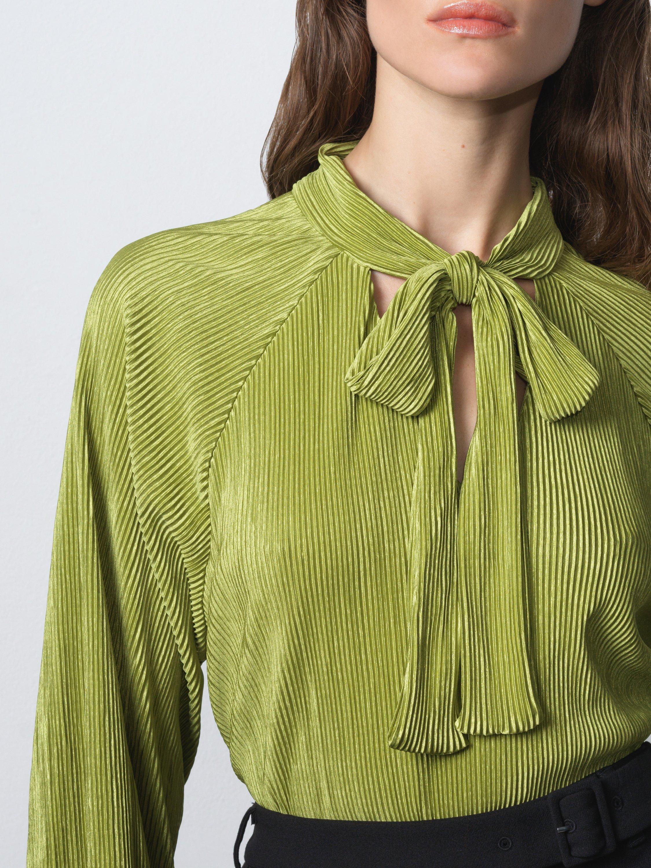 Product image 2 of 6, which shows French Connection Rylah Plisse Long Sleeve Tie Neck Blouse , Winter Olive Green, XS