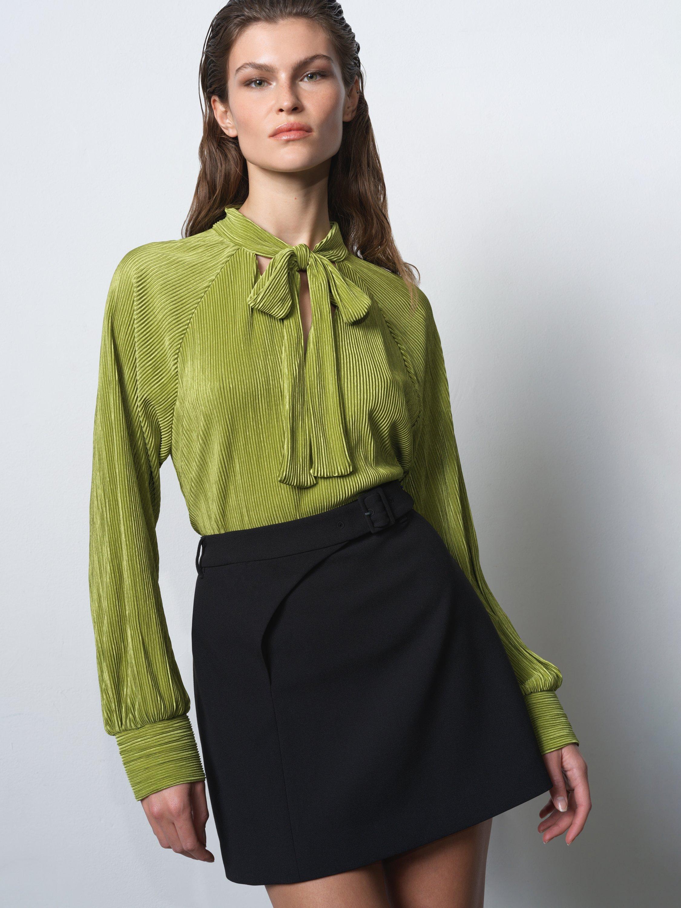 Product image 3 of 6, which shows French Connection Rylah Plisse Long Sleeve Tie Neck Blouse , Winter Olive Green, XS
