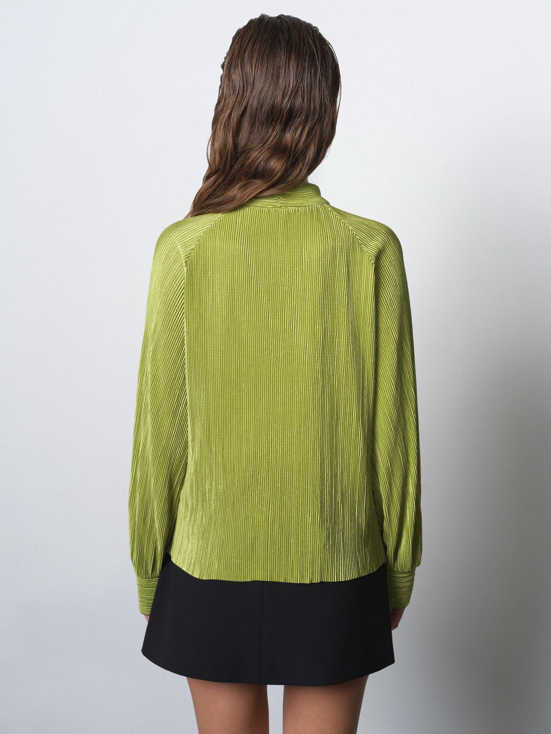 Product image 5 of 6, which shows French Connection Rylah Plisse Long Sleeve Tie Neck Blouse , Winter Olive Green, XS