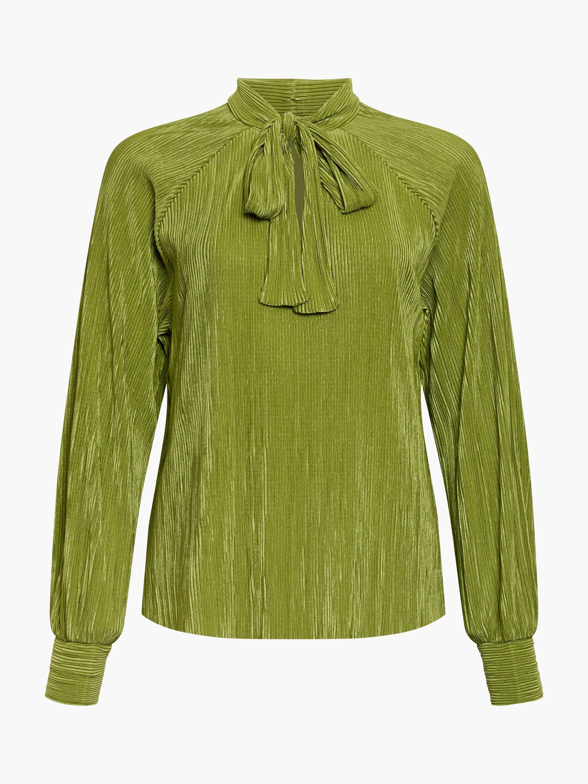 Product image 6 of 6, which shows French Connection Rylah Plisse Long Sleeve Tie Neck Blouse , Winter Olive Green, XS