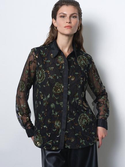 French Connection Roshene Metallic Floral Blouse, Black/Multi