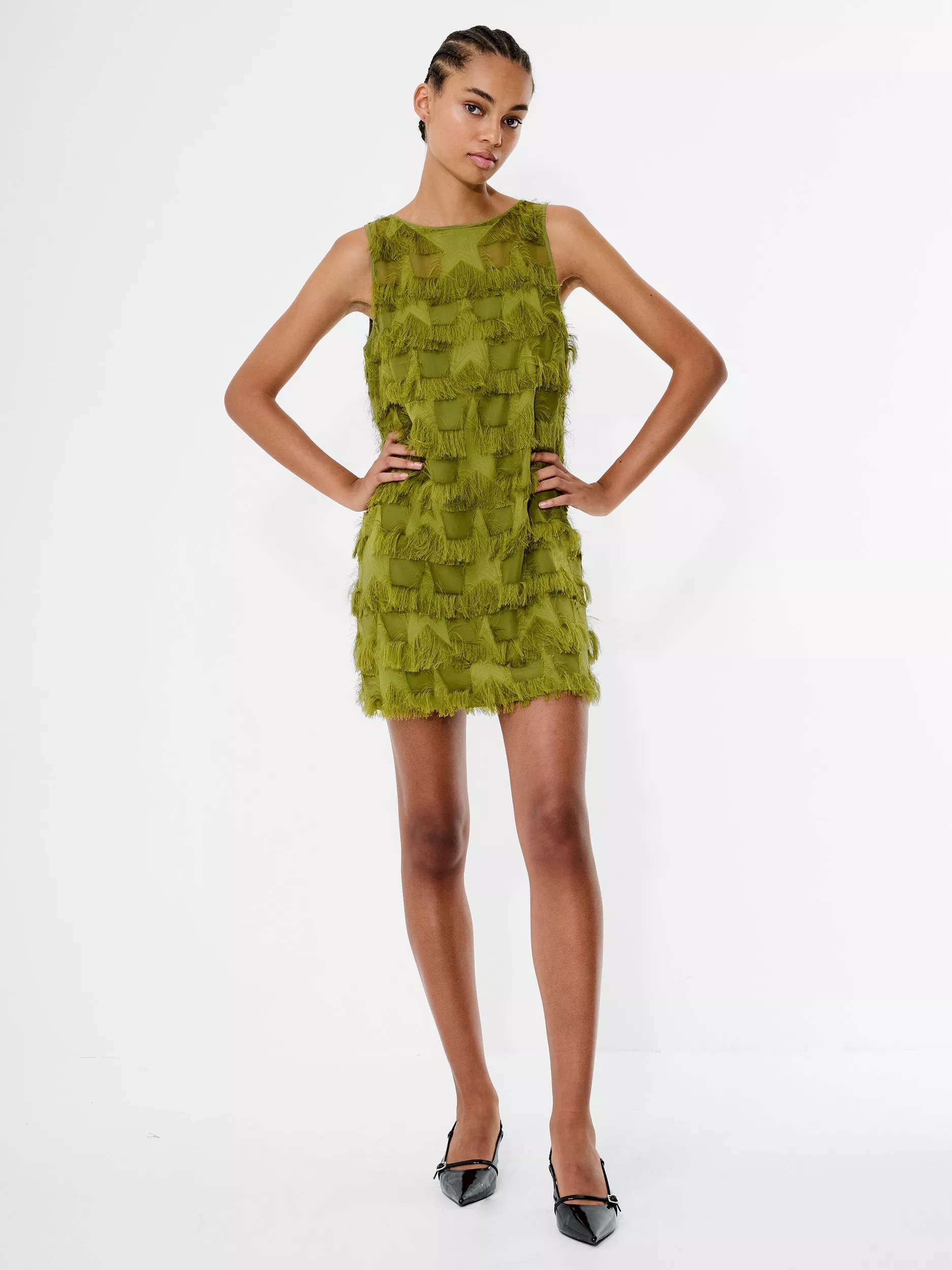 French Connection Miley Chiffon Star Fringe Mini Dress, Olive Green