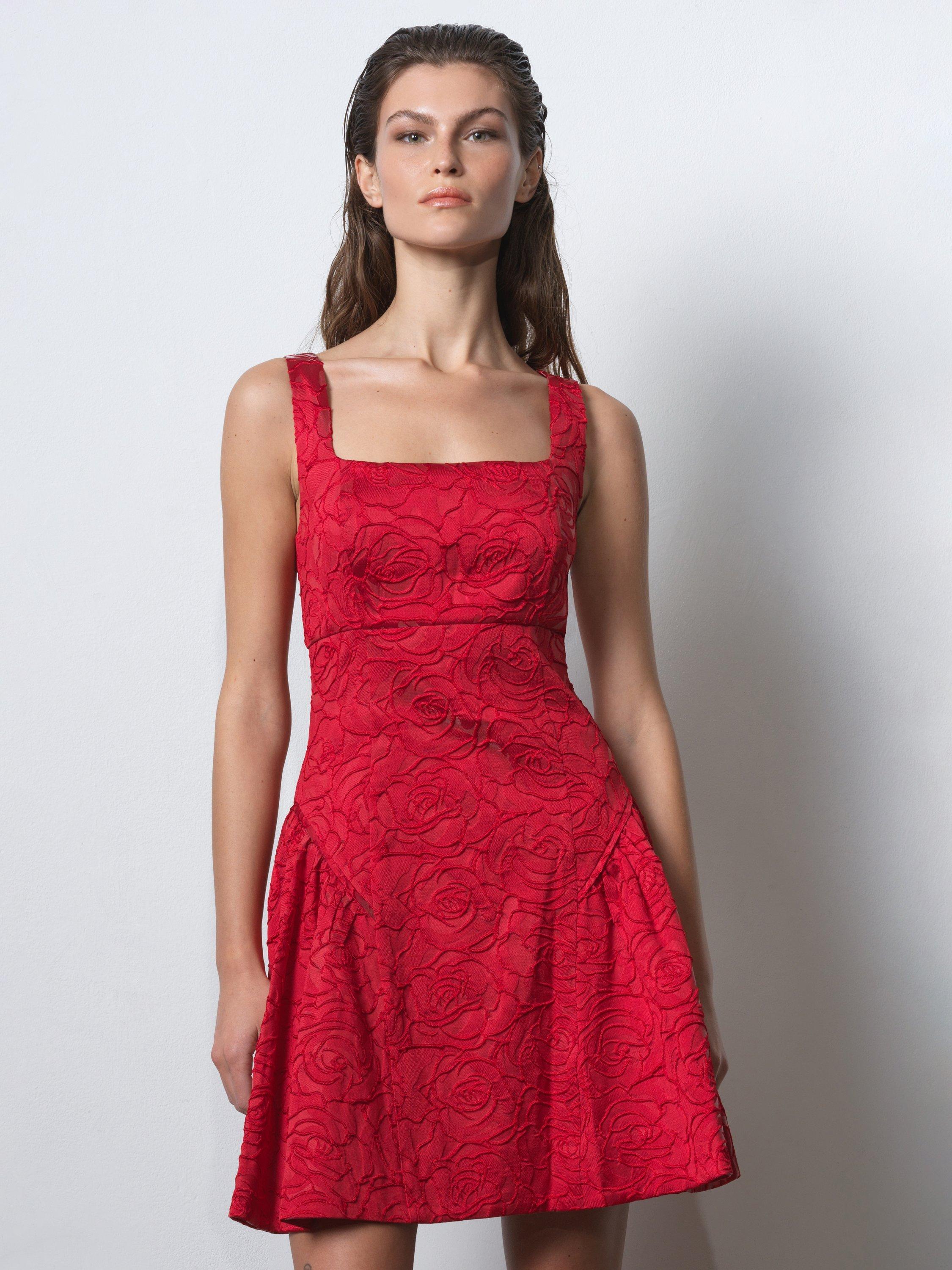 Product image 1 of 6, which shows French Connection Crea Jacquard Flared Mini Dress, Lipstick Red, 6