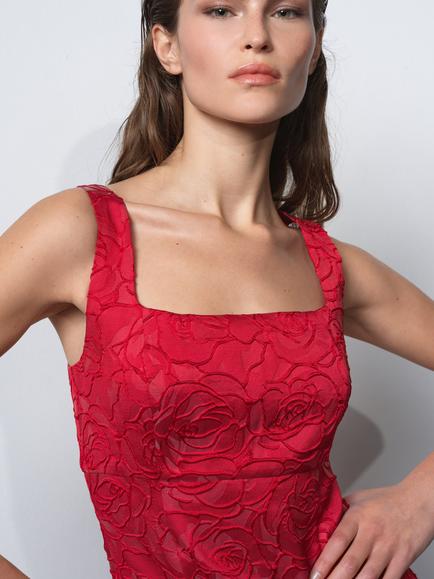 French Connection Crea Jacquard Flared Mini Dress, Lipstick Red - view 2, Lipstick Red