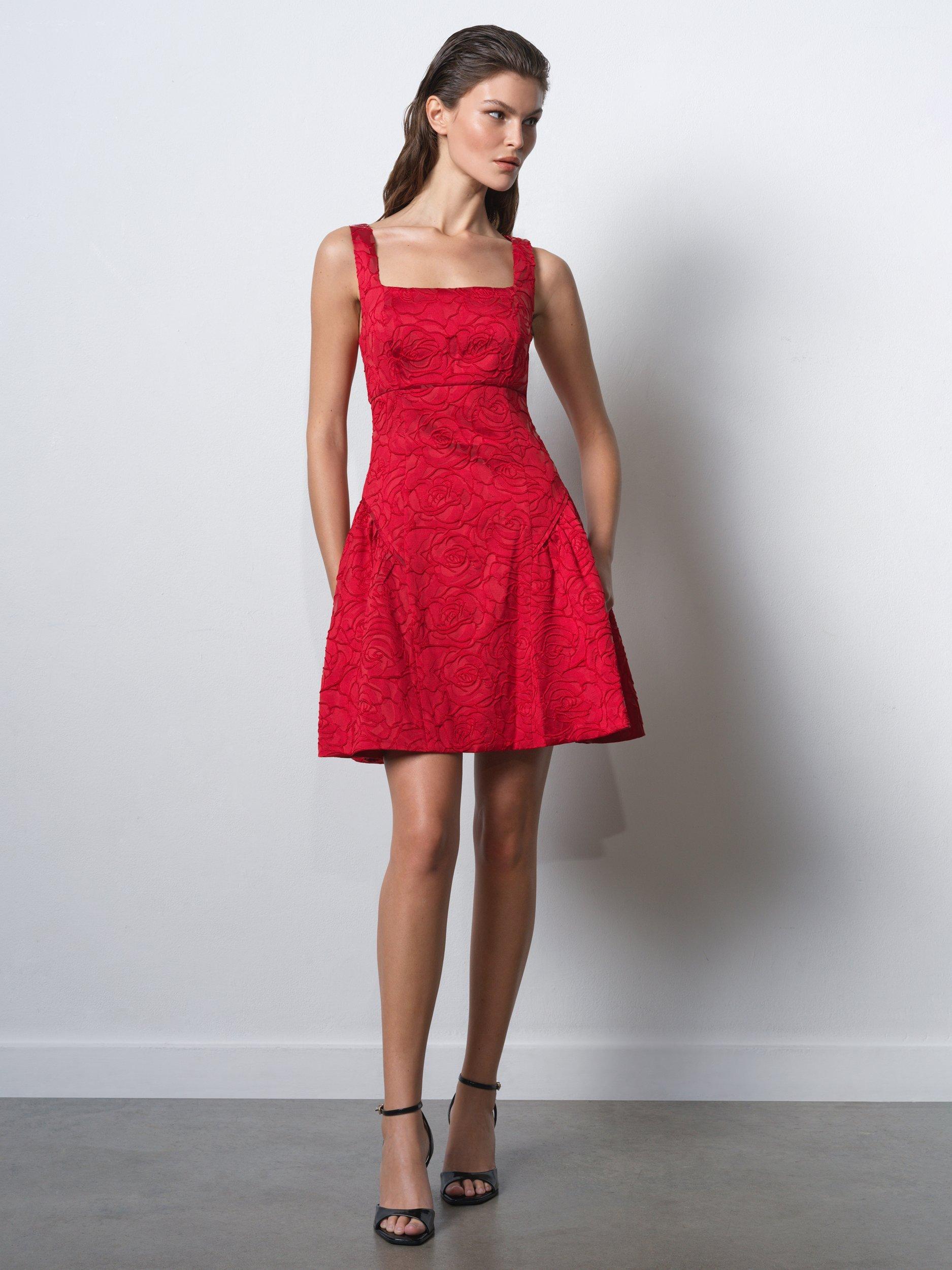 Product image 4 of 6, which shows French Connection Crea Jacquard Flared Mini Dress, Lipstick Red, 6