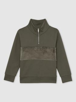 Reiss Kids' Selin Zip Neck Jumper, Dark Sage Green - view 2, Dark Sage Green