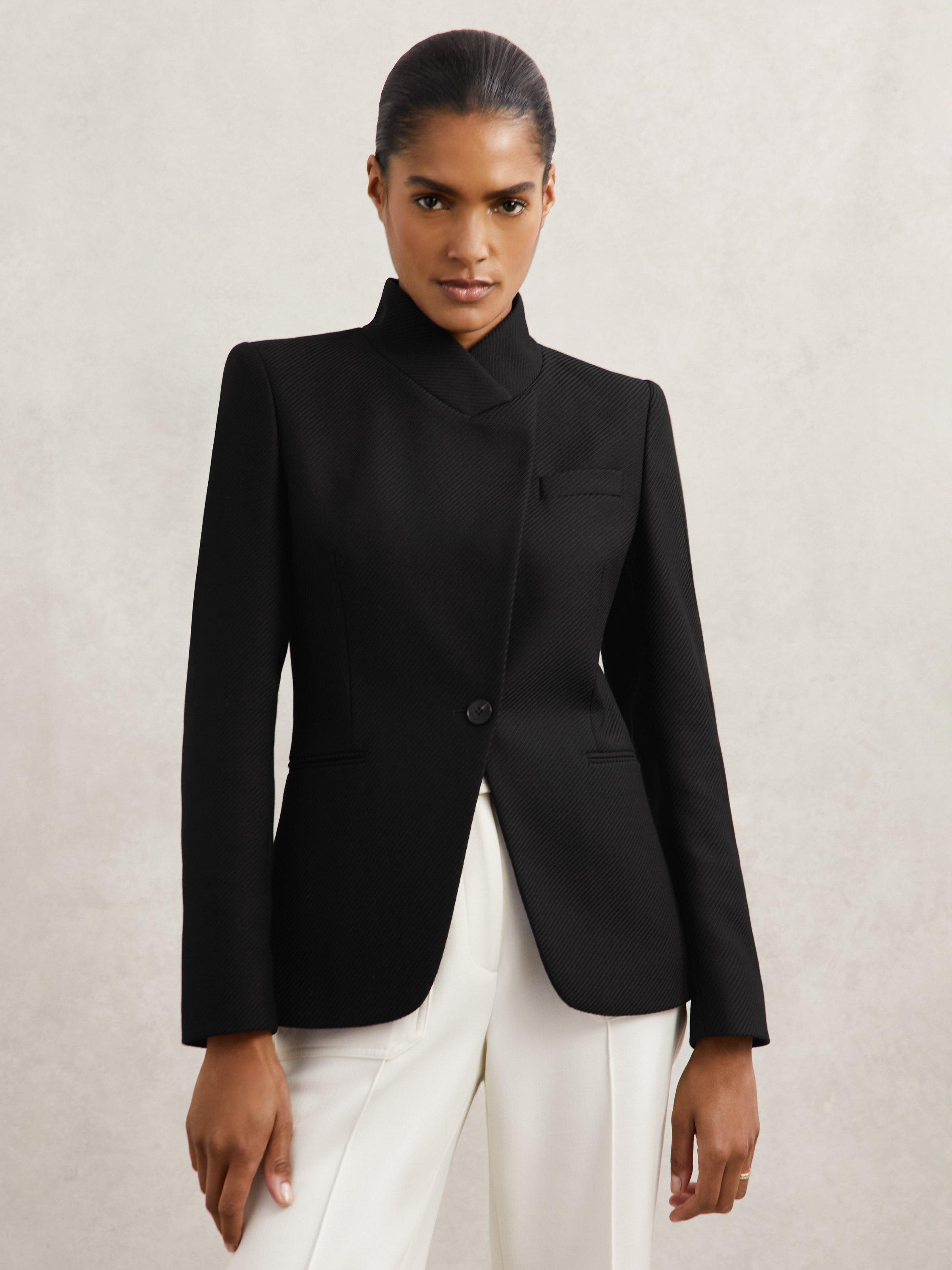 Product image 1 of 5, which shows Reiss Manon Wrap Wool Blend Blazer, Black, 14