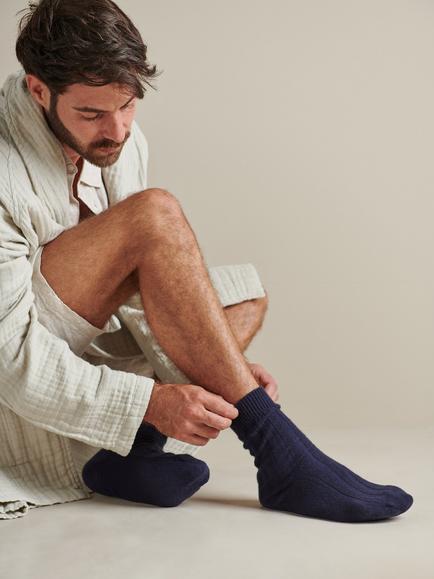Bedfolk Ribbed Pure Cashmere Socks - view 2, Navy