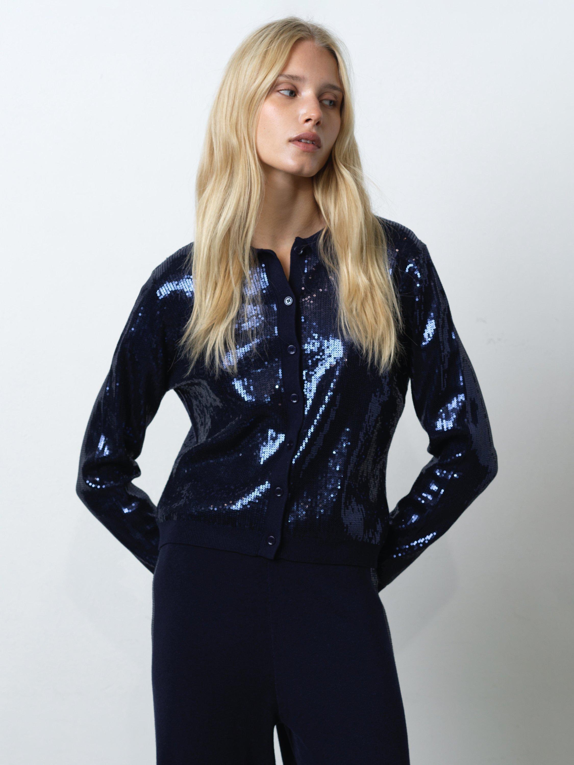 Product image 1 of 5, which shows French Connection Hannah Sequin Long Sleeve Round Neck Top, Navy, S