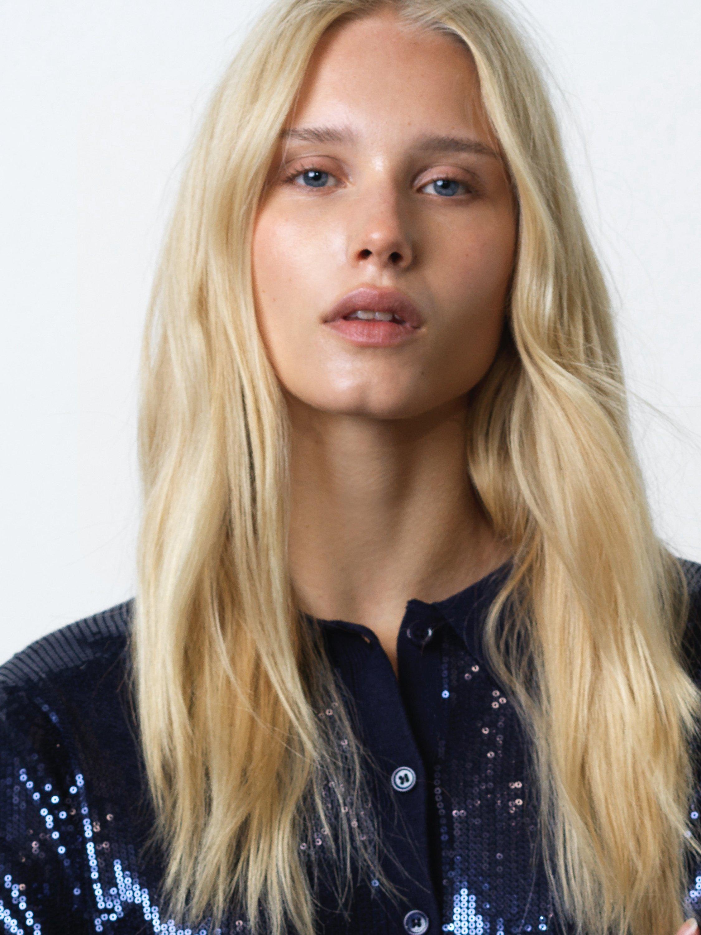 Product image 3 of 5, which shows French Connection Hannah Sequin Long Sleeve Round Neck Top, Navy, S