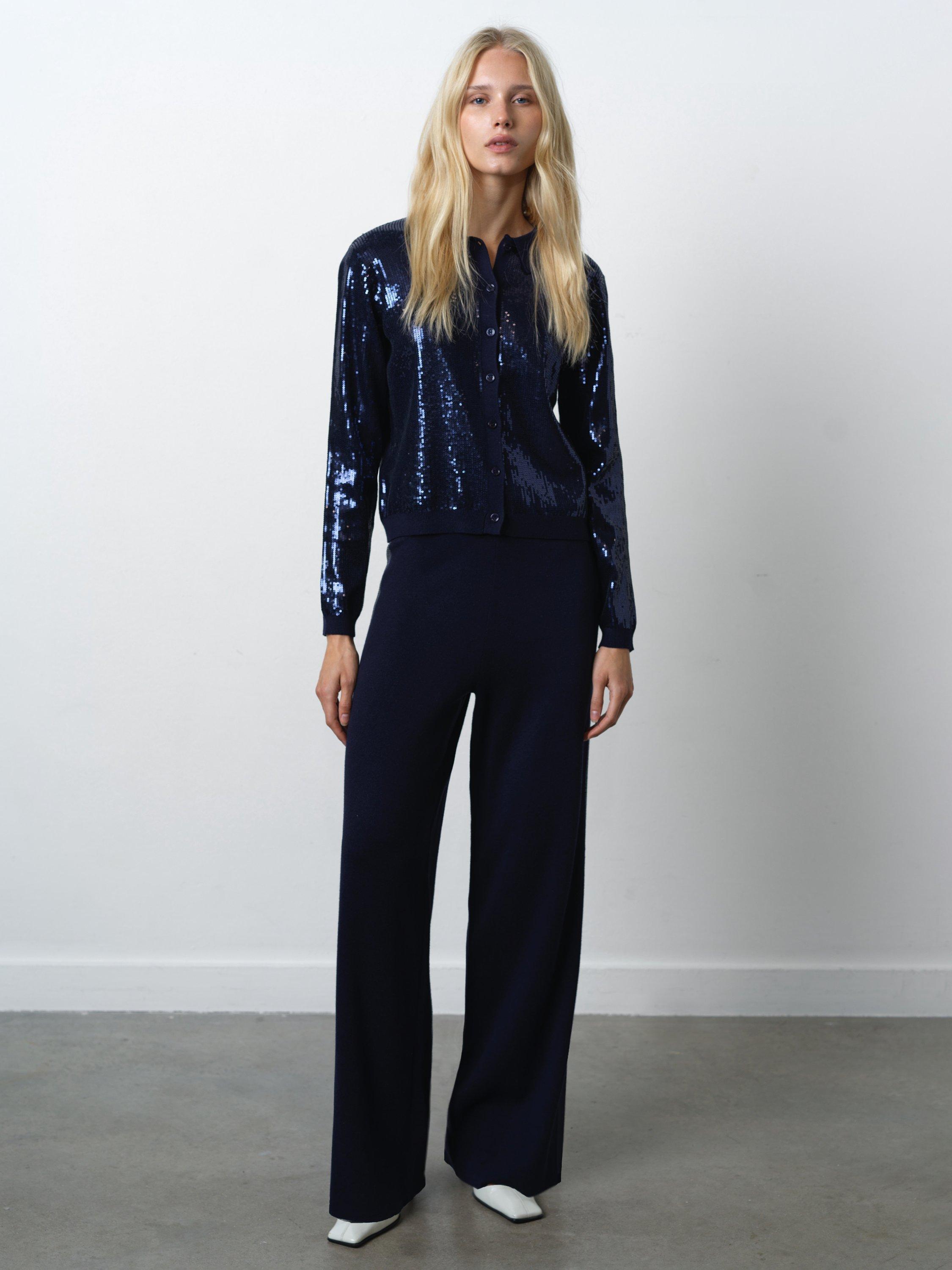 Product image 4 of 5, which shows French Connection Hannah Sequin Long Sleeve Round Neck Top, Navy, S