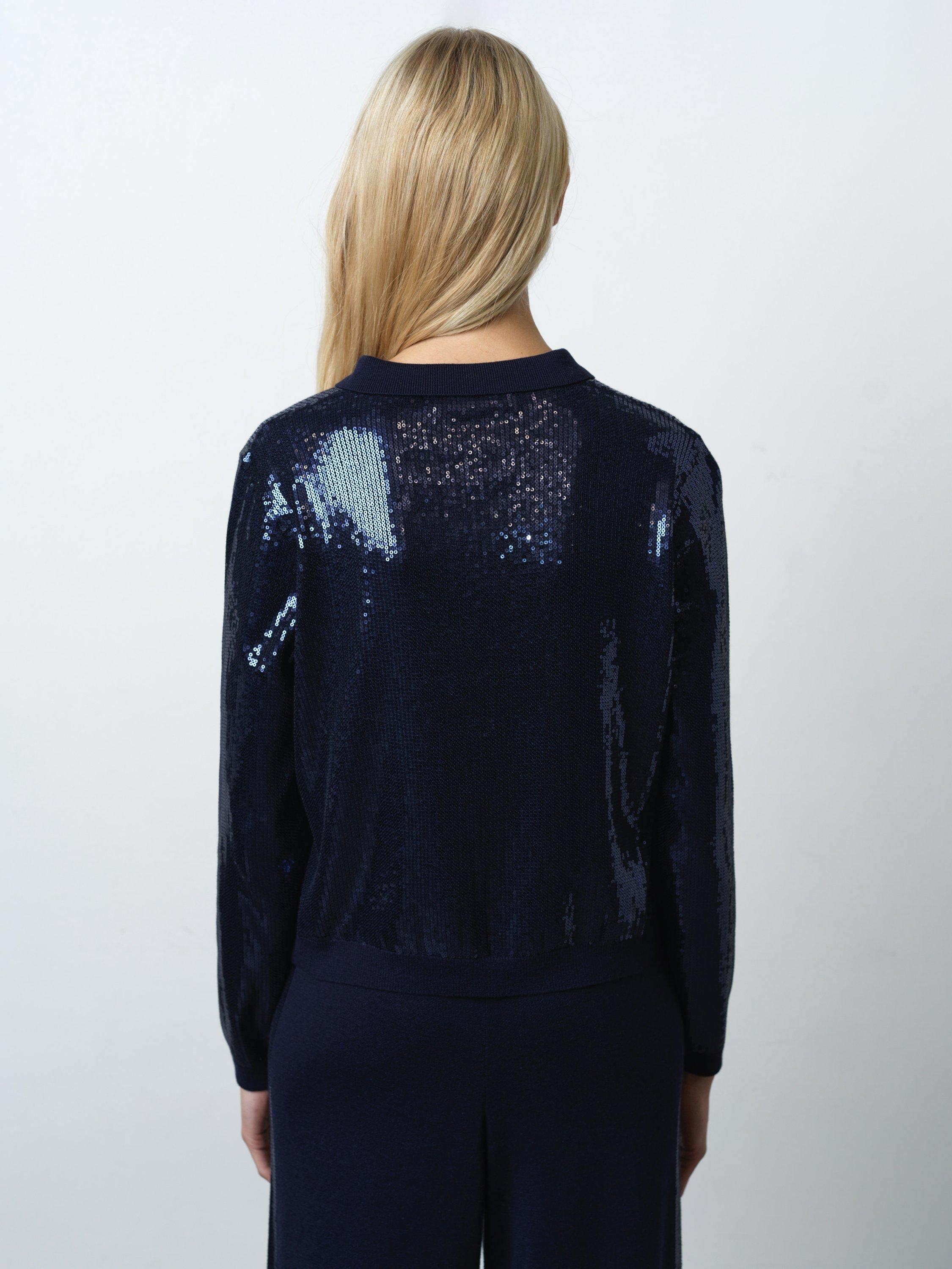 Product image 5 of 5, which shows French Connection Hannah Sequin Long Sleeve Round Neck Top, Navy, S
