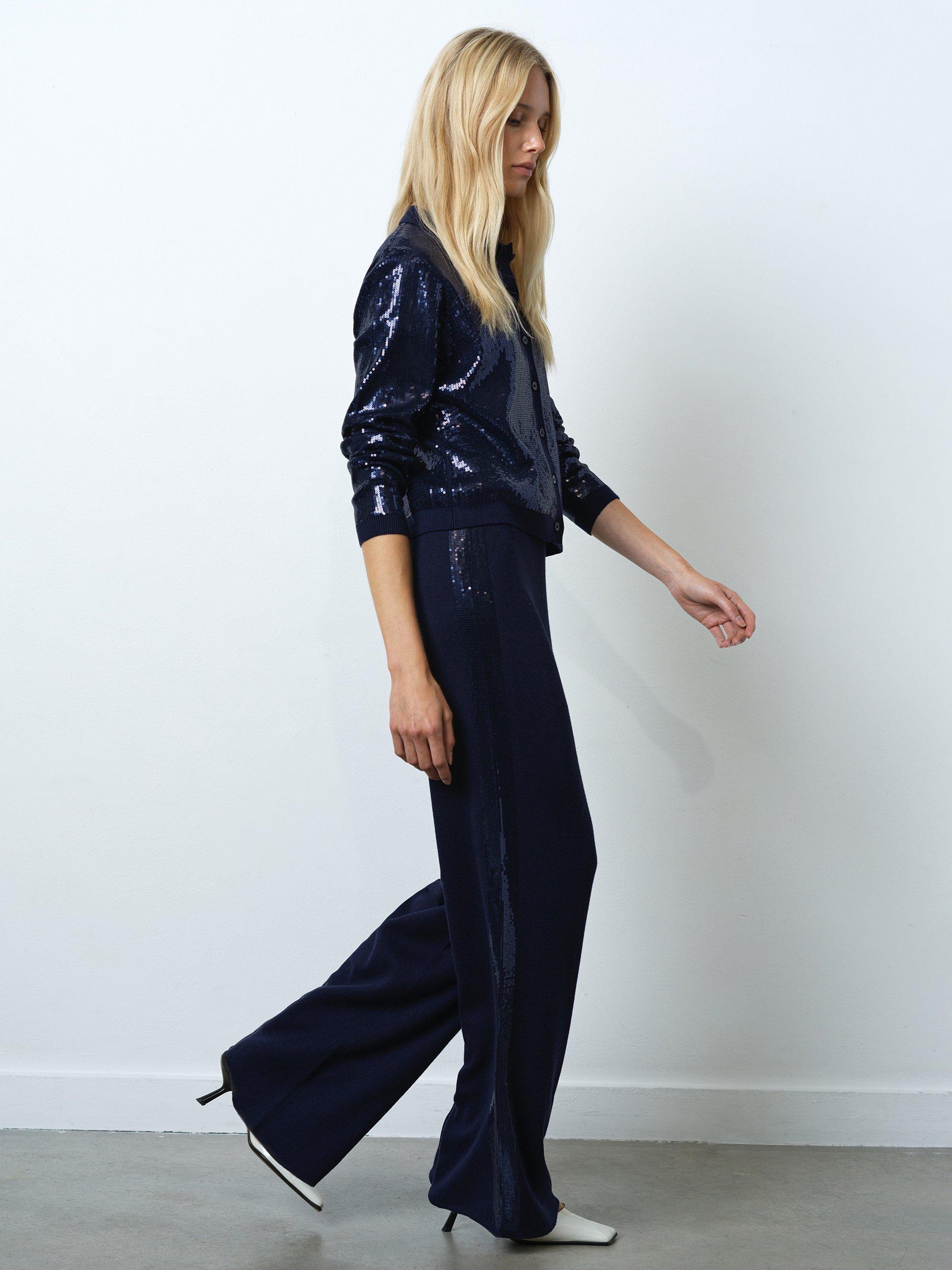 Product image 1 of 5, which shows French Connection Hannah Sequin Wide Leg Trousers, Navy, M