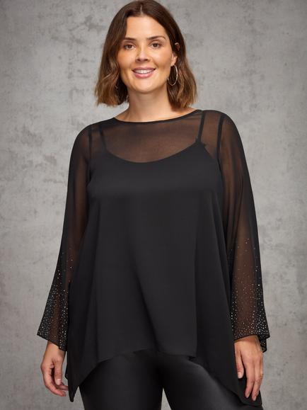 Live Unlimited Curve Embellished Hanky Hem Overlay Top, Black - view 2, Black