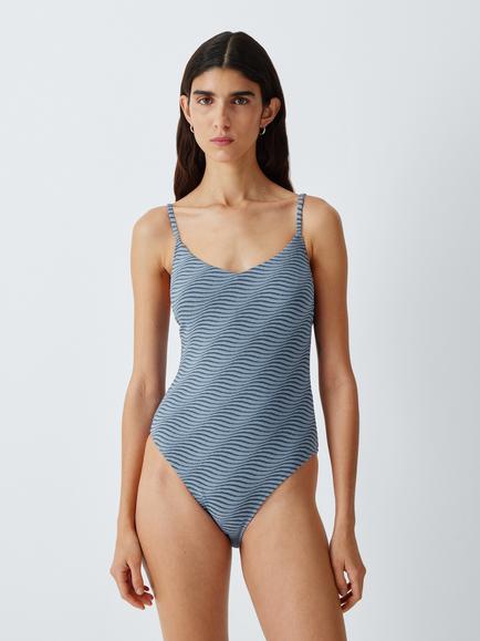 John Lewis Jacquard Wave Cut Out Back Detail Swimsuit, Country Blue, Country Blue