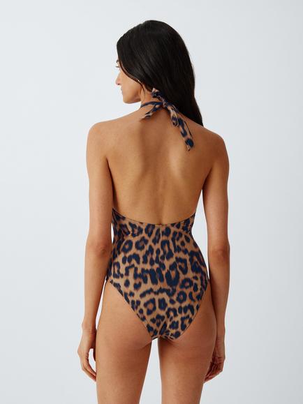 John Lewis Sabi Leopard Keyhole Halterneck Plunge Swimsuit, Leopard - view 2, Leopard