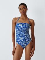 John Lewis Malay Ikat Rouched Bandeau Swimsuit, Navy Blue